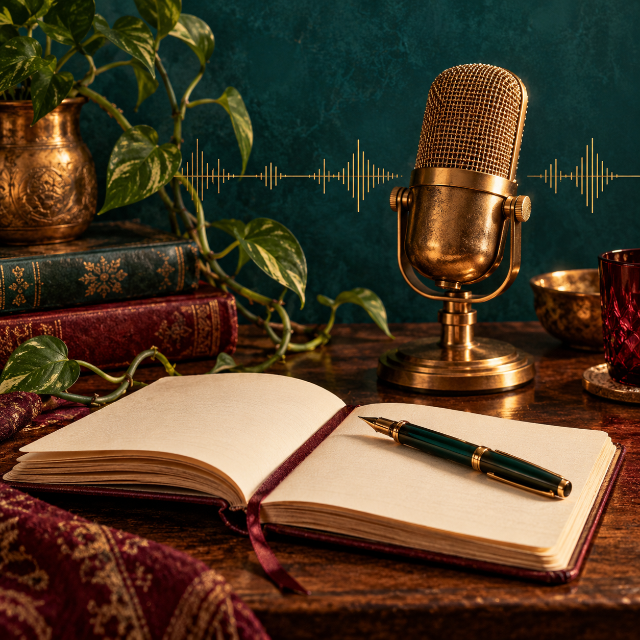 A gold microphone, open notebook and trailing vine against a deep teal background