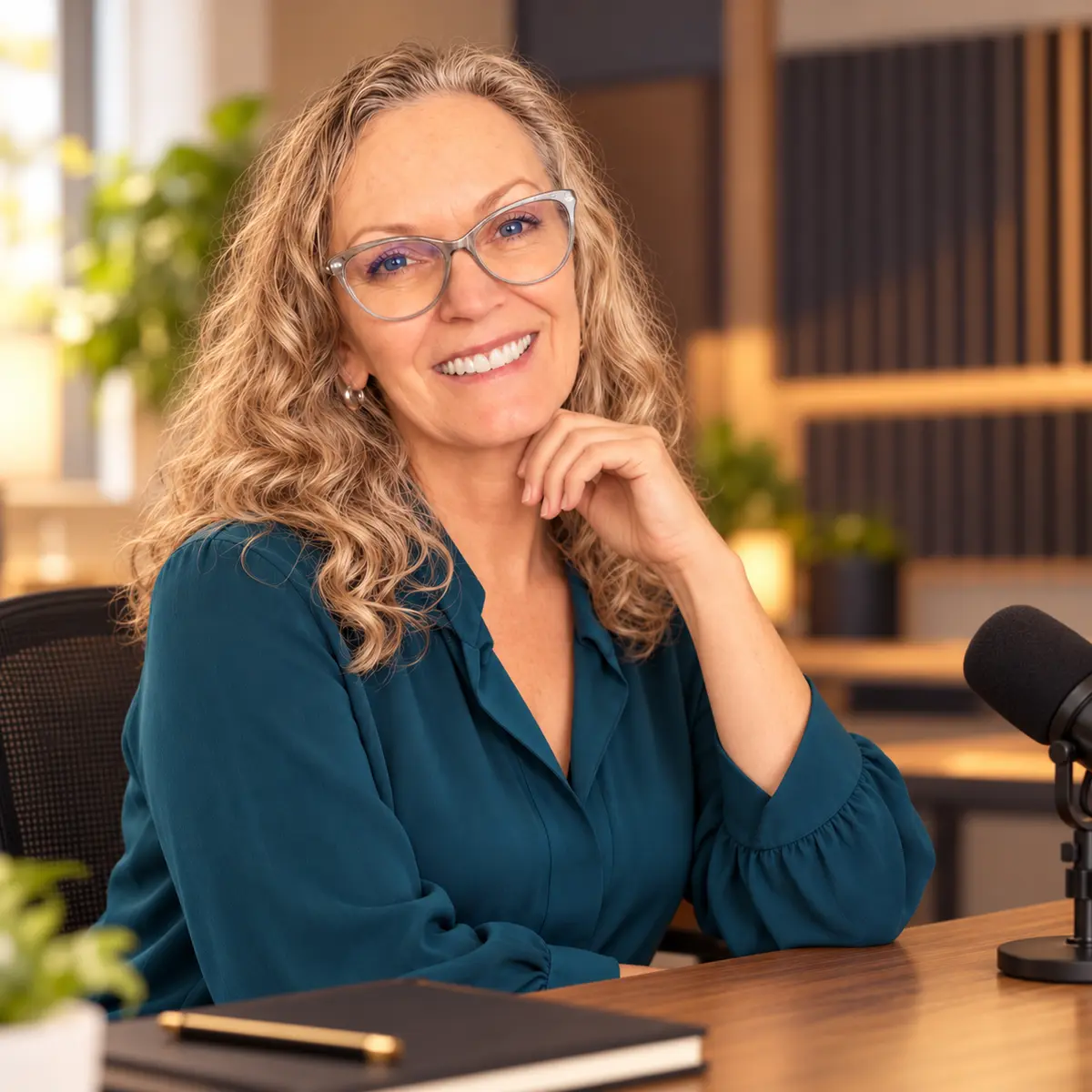 Nanci’s warm voiceover portrait at a studio microphone