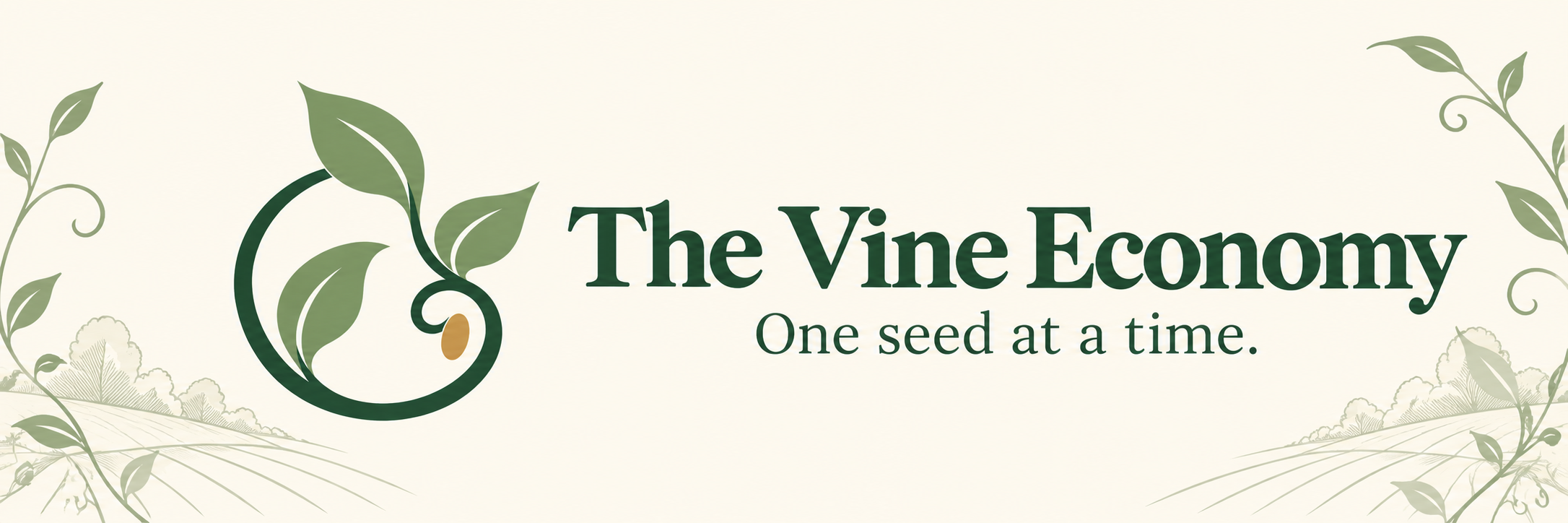 The Vine Economy — One seed at a time. Green vine emblem and garden illustrations on ivory.